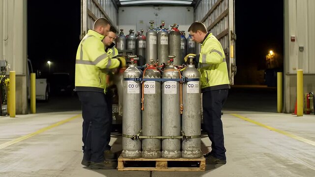 Workers load gas cylinders onto a delivery truck in a loading dock at night