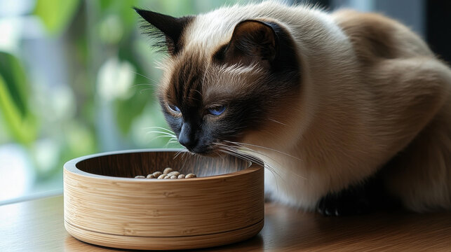 stylish Siamese cat is enjoying gourmet meal from elevated wooden bowl Next bowl, there is sleek food box elegant typography, enhancing sophisticated ambiance - Powered by Adobe
