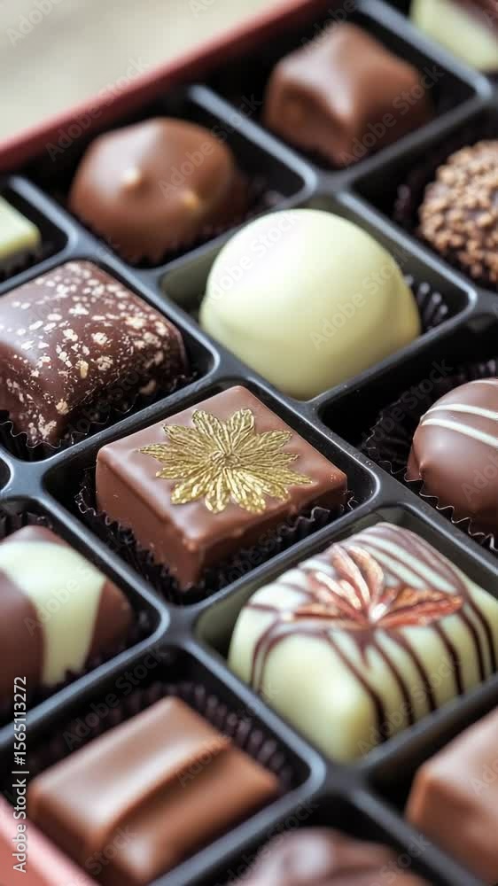 Poster a box of assorted chocolates sitting on a table, ideal for displaying or gifting