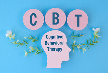 A head with the letters CBT written on it. The head is surrounded by flowers. The flowers are green...
