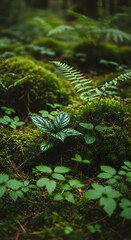 Fototapeta premium Close-up of lush forest floor featuring various green plants and moss.