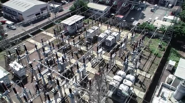 An aerial view of a complex electrical substation with buildings and parked vehicles