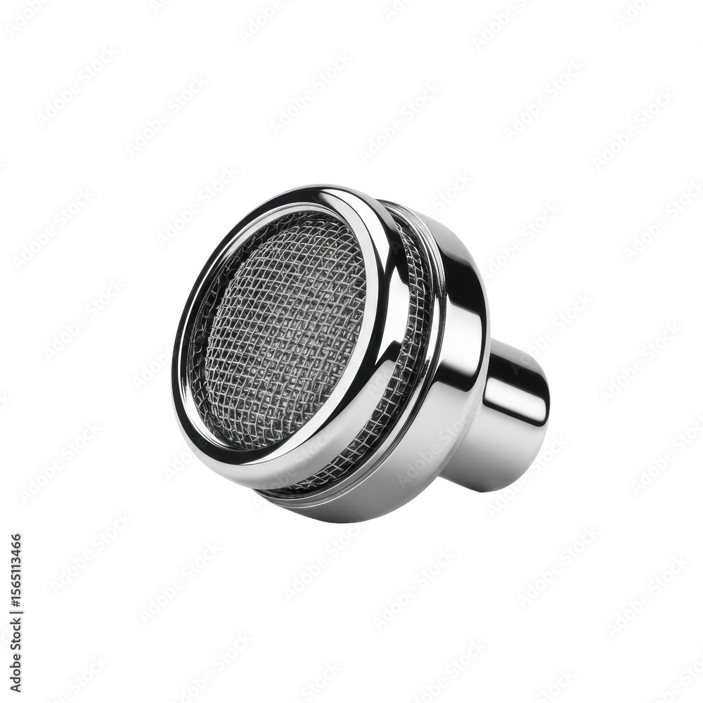 Poster a new, meticulously clean chrome faucet aerator with a fine mesh filter and reflective metallic body