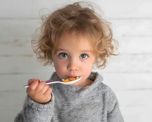 Child with curly hair holding a spoonful of food, looking curiously at the camera in a bright setting