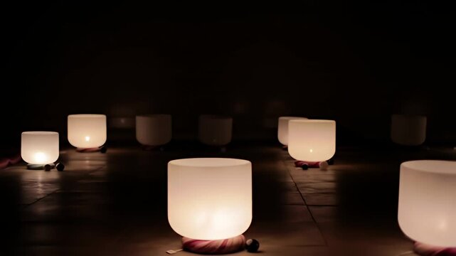 Softly illuminated white crystal bowls arranged in a dark space on wood floor