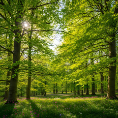 Obraz premium Sun shining through the lush green canopy of a forest, illuminating the trees and meadow.