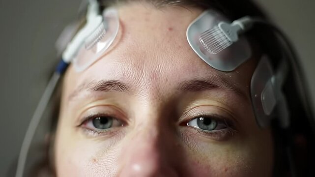 Close-up of a woman's face with sensors attached to her forehead for brain monitoring