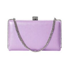 Soft lilac clutch bag with silver chain. Isolated white background. Png format