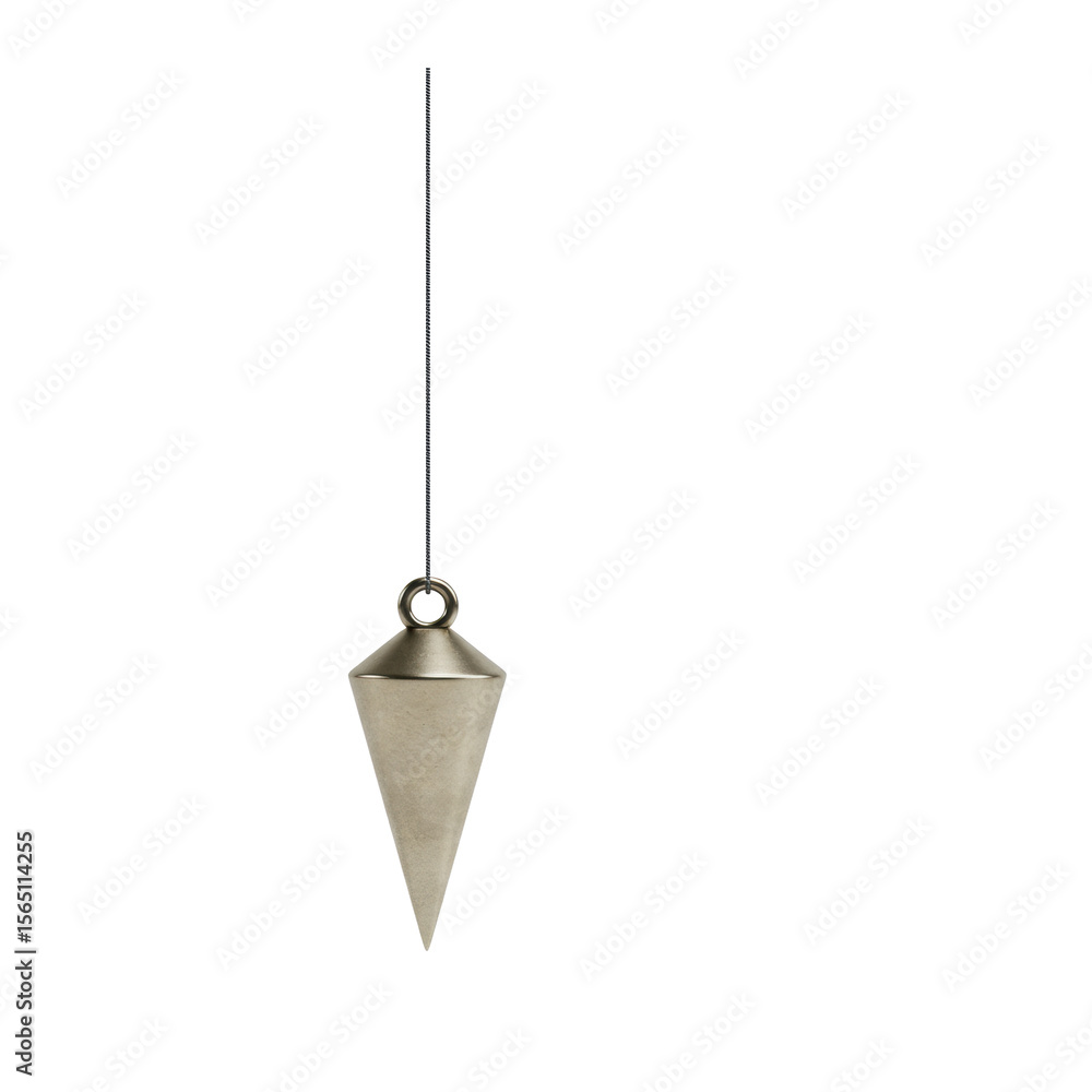 Poster a single pristine metallic plumb bob with a sharp conical point, suspended by a taut dark string aga