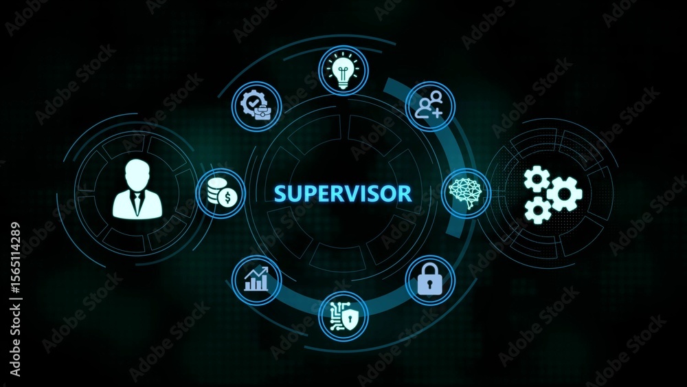 Aufkleber conceptual illustration of a supervisor depicting key skills and responsibilities within a circle