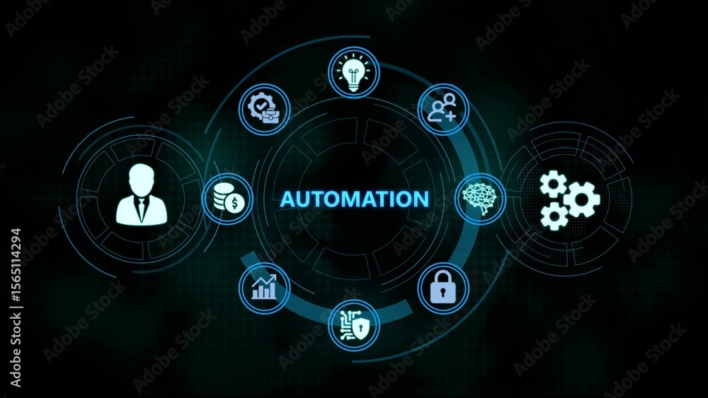 Poster automation concept illustration displaying business operations and technological advancements in a m