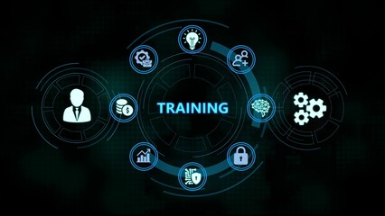 Digital training concept illustrated with icons representing key business operations and success