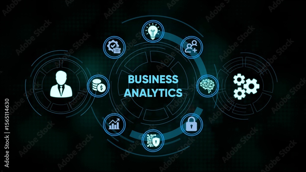 Aufkleber digital business analytics concept with icons representing data analysis and strategy
