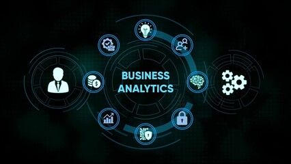 Obraz premium Digital business analytics concept with icons representing data analysis and strategy