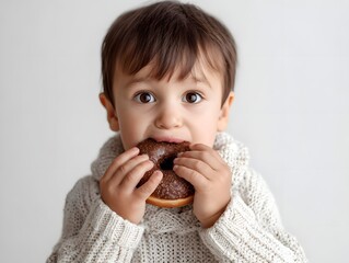 Young child enjoying a chocolate donut while wearing a cozy sweater against a neutral background