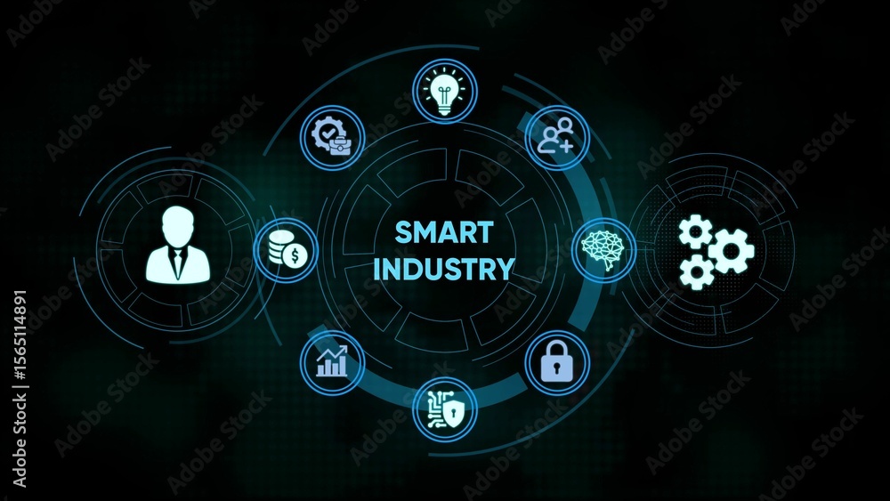Poster conceptual representation of the smart industry with futuristic technology icons and circular design