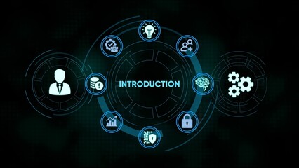 Abstract digital concept with introduction text and business-related icons in circle design.