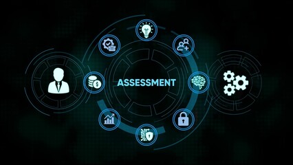 Digital assessment process depicted with futuristic icons for business and financial evaluation