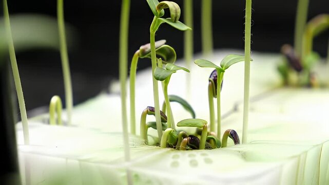 Seedlings emerge in a square pattern, vibrant green against a stark black backdrop