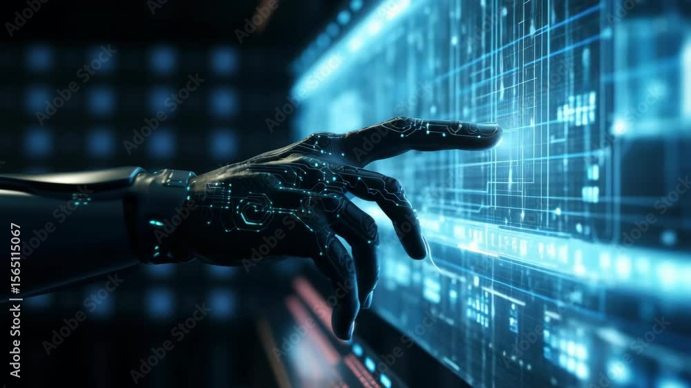 Poster futuristic video concept of a robotic hand interacting with a digital interface. close-up angle high