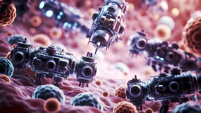 Microscopic view of medical nanobots amidst cells and soft pink tissue background