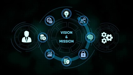 Futuristic business vision and mission concept depicted with infographics and digital icons
