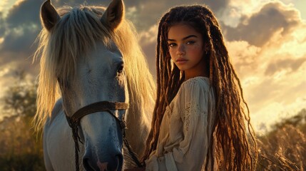 Outdoor scene glows with friendship between girl and horse