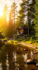 Obraz premium Golden hour sunlight illuminates a rustic wooden cabin nestled beside a tranquil lake surrounded by lush forest.