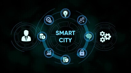 Conceptual illustration of smart city technology with digital icons representing modern life.