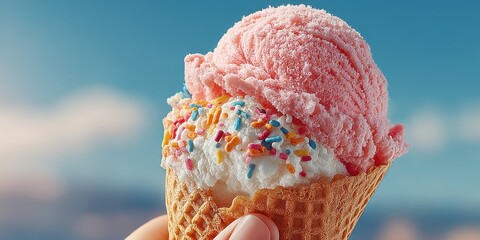 Enjoying a colorful ice cream cone on a sunny day at the beach with friends and family