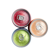 Flavored sparkling water in a can, top-down view, isolated on white