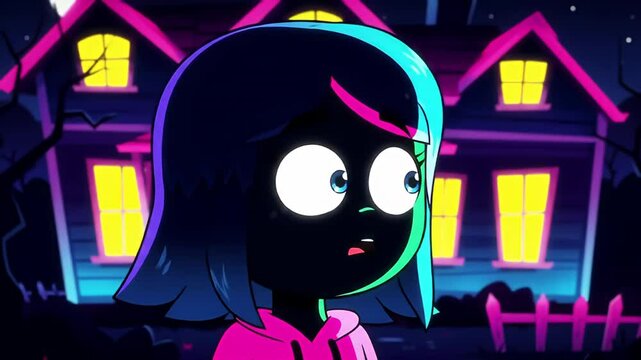 Animated girl with bright hair looks worried in front of haunted house at night