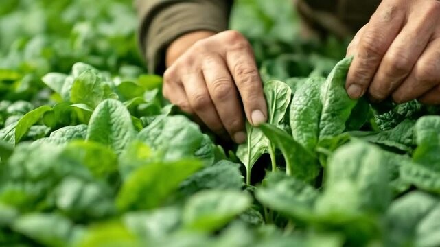 Hands harvesting fresh spinach