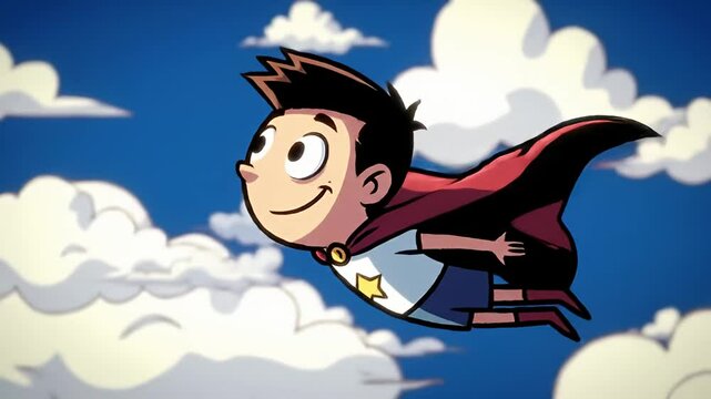 Cartoon boy flies with cape through a cloudy sky, smiling, in simple vector style