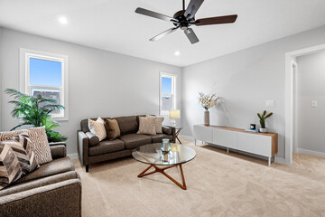 Living room with a brown couch and a glass coffee table