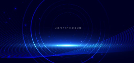 Technology futuristic blue circles lines glowing with wave lines on dark blue background.