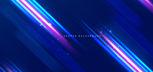 Hi-speed blue and pink neon diagonal beams rays on dark blue background. Speed motion moving concept.