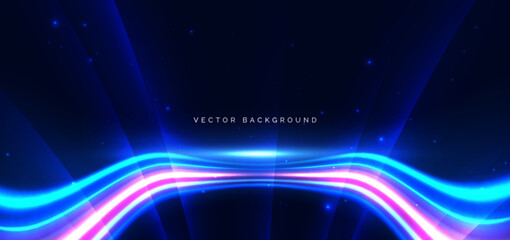 Futuristic wave blue and pink ray on dark blue background. High speed motion moving concept.