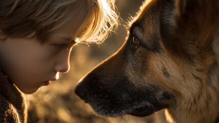 emotional close up of boy and german shepherd in silent cinematic moment