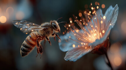 Honeybee hovers gracefully near glowing flower, capturing essence of nature beauty. delicate petals shimmer with light, creating magical atmosphere