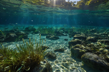 Fototapeta premium Sunlight piercing crystal clear river water illuminating aquatic plants and rocks