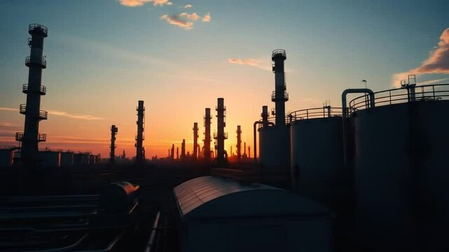 Oil refinery industry, petrochemical plant under dramatic sunset sky. Energy sector infrastructure with towers, tanks, pipelines. 4k video