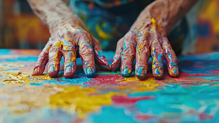 Hands are immersed in bright paint as artist passionately creates bold strokes on large canvas Colors blend dynamically, highlighting intensity of artistic expression