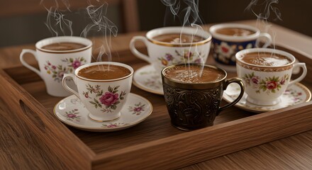 Fototapeta premium Ornate coffee cups on wooden tray