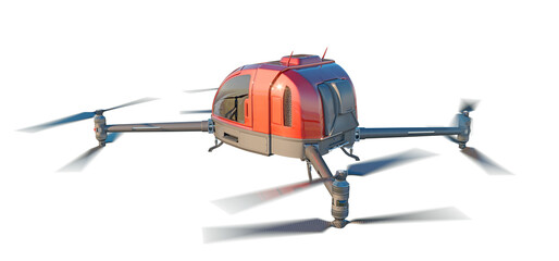 Flying car drone isolated on transparent background. Driverless aerial vehicle flying designed for passenger transport. 3D illustration