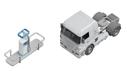 hydrogen truck and hydrogen refueling station isolated on transparent background. Orthogonal view at 45 degrees. Hydrogen-themed graphic components. 3D illustration.