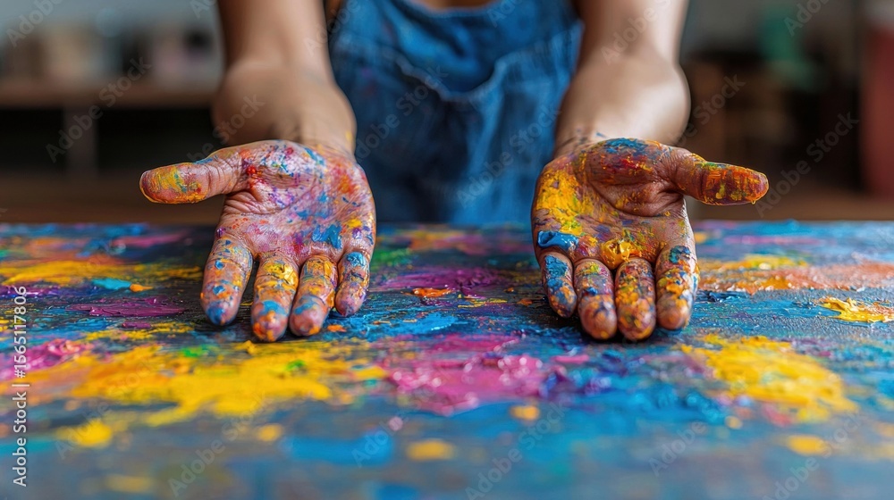 Poster hands covered in vibrant paint blend colors dynamically while expressing passion and creativity on l