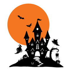 Halloween silhouette composition. Black and white illustration. Castle on the hill with orange moon, bats, ghosts, tree with sign, pumpkin. Hand drawn graphic. Dark gothic scene. Doodle style