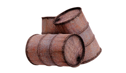Three rusty oil drum isolated on a transparent background. 3D illustration.