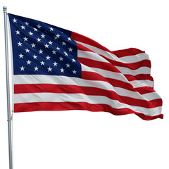 United States flag with red white and blue stripes and stars waving in the wind on a PNG background.